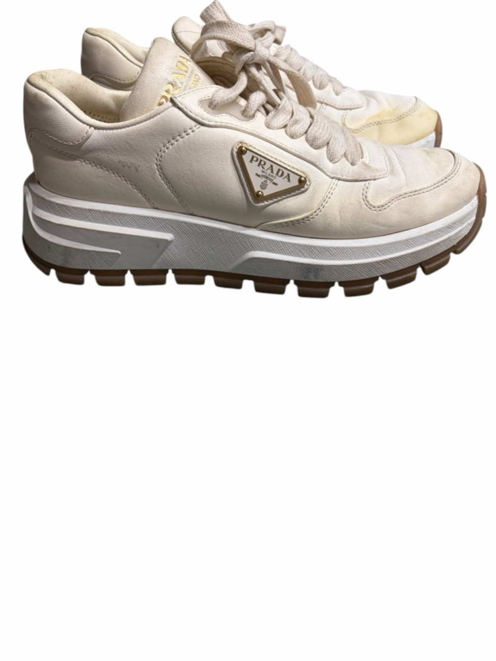Prada Women’s Cream and Gold Leather Platform Sneakers - Picture 3 of 13